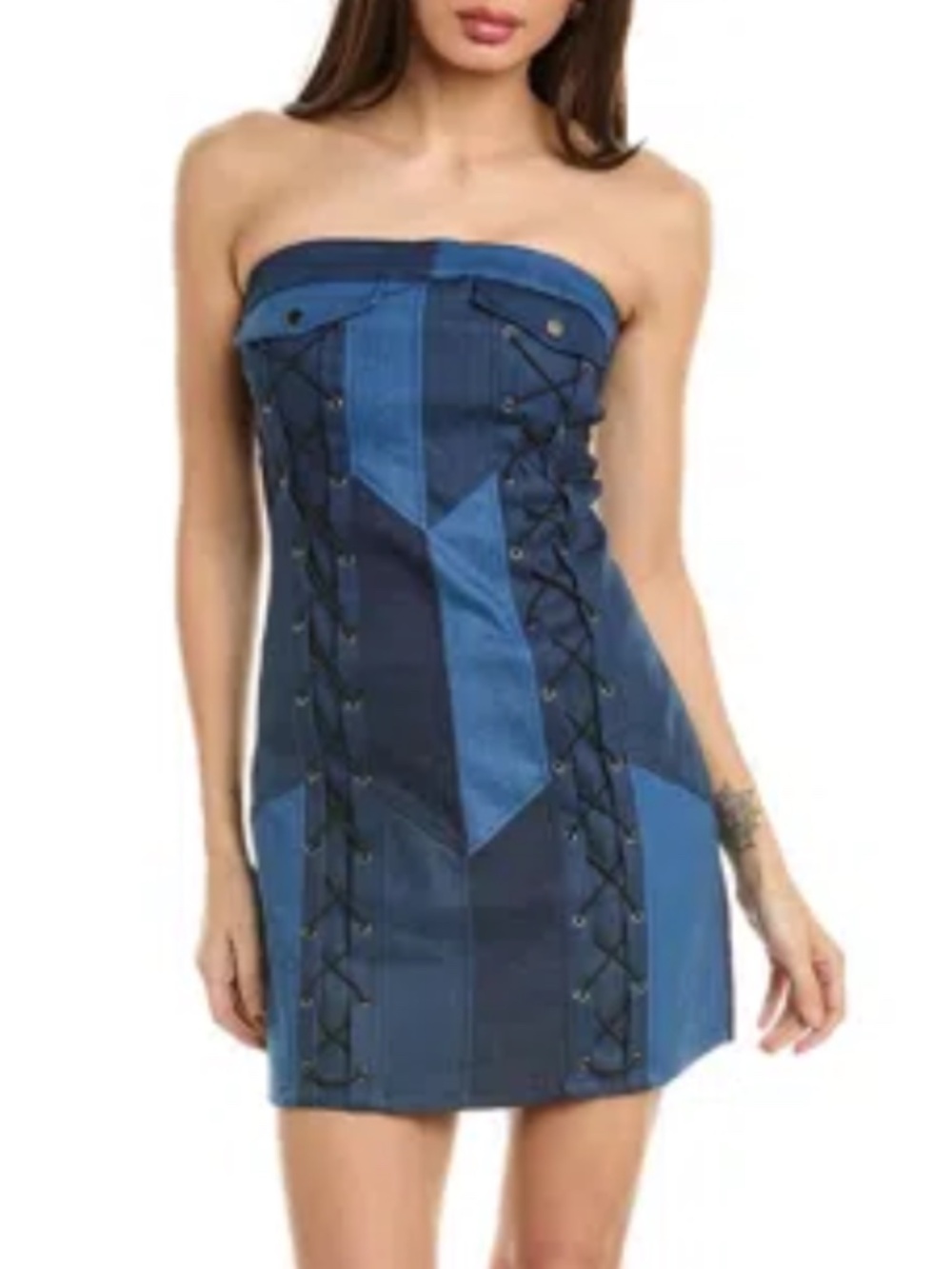 Gracia Patchwork Denim Lace-Up Mini Dress Size M Strapless Criss Cross Blue